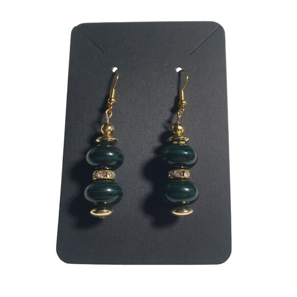 Gold Hook Green Beaded Dangle Earrings Handmade Jewelry Rhinestone Accents Gift - Picture 1 of 4